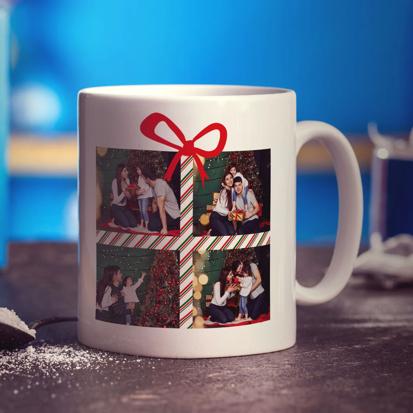 4 Photo Grid Christmas Present with Name Mug - Image 4