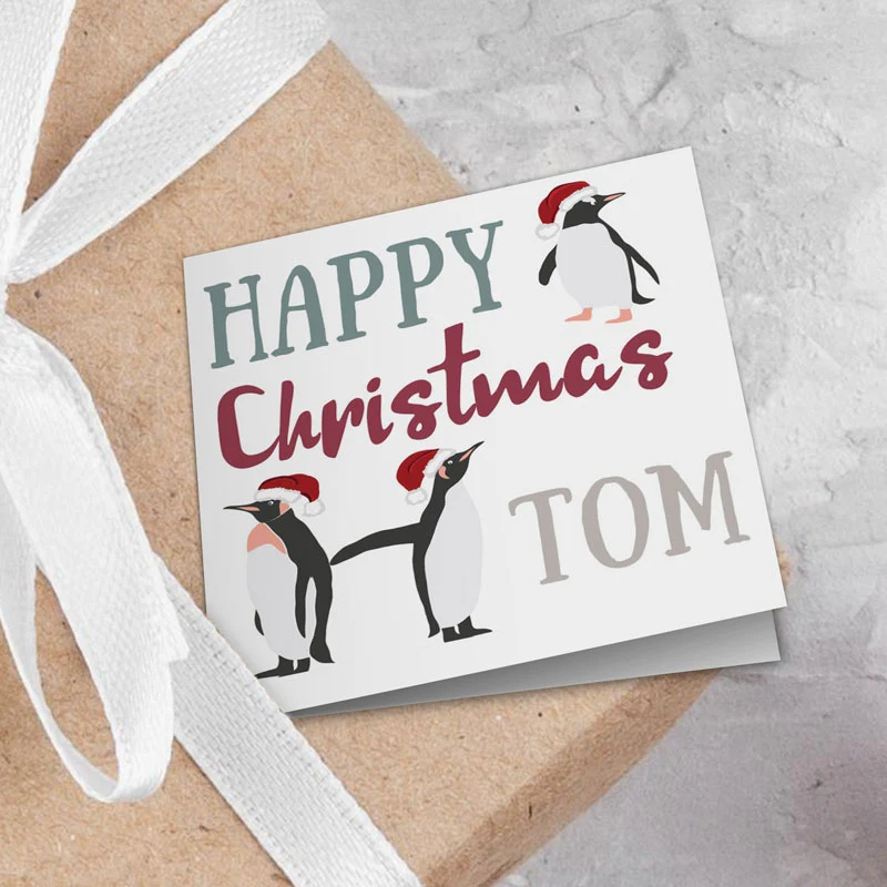 Christmas Penguins Photo & Name Wrapping Paper - Image 2