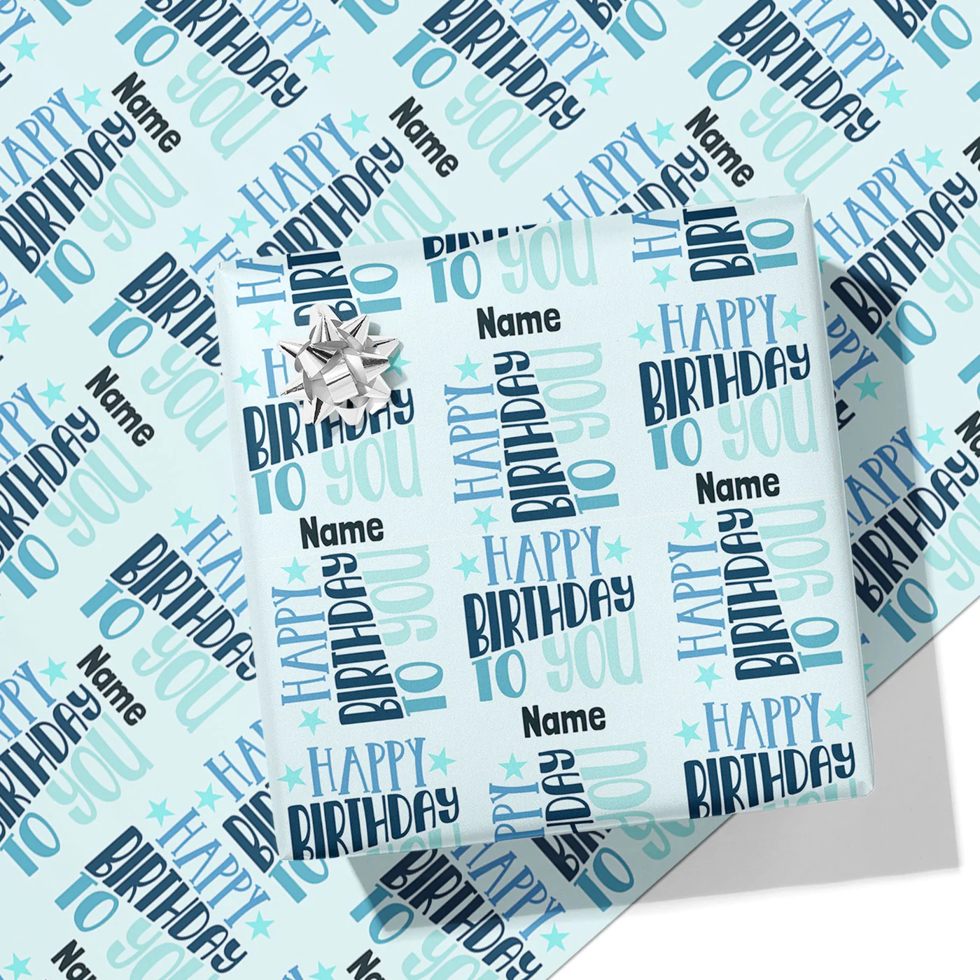 Happy Birthday Blue Pattern Name Wrapping Paper