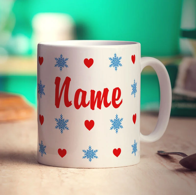 Hearts and Snowflakes Name Mug - Image 2
