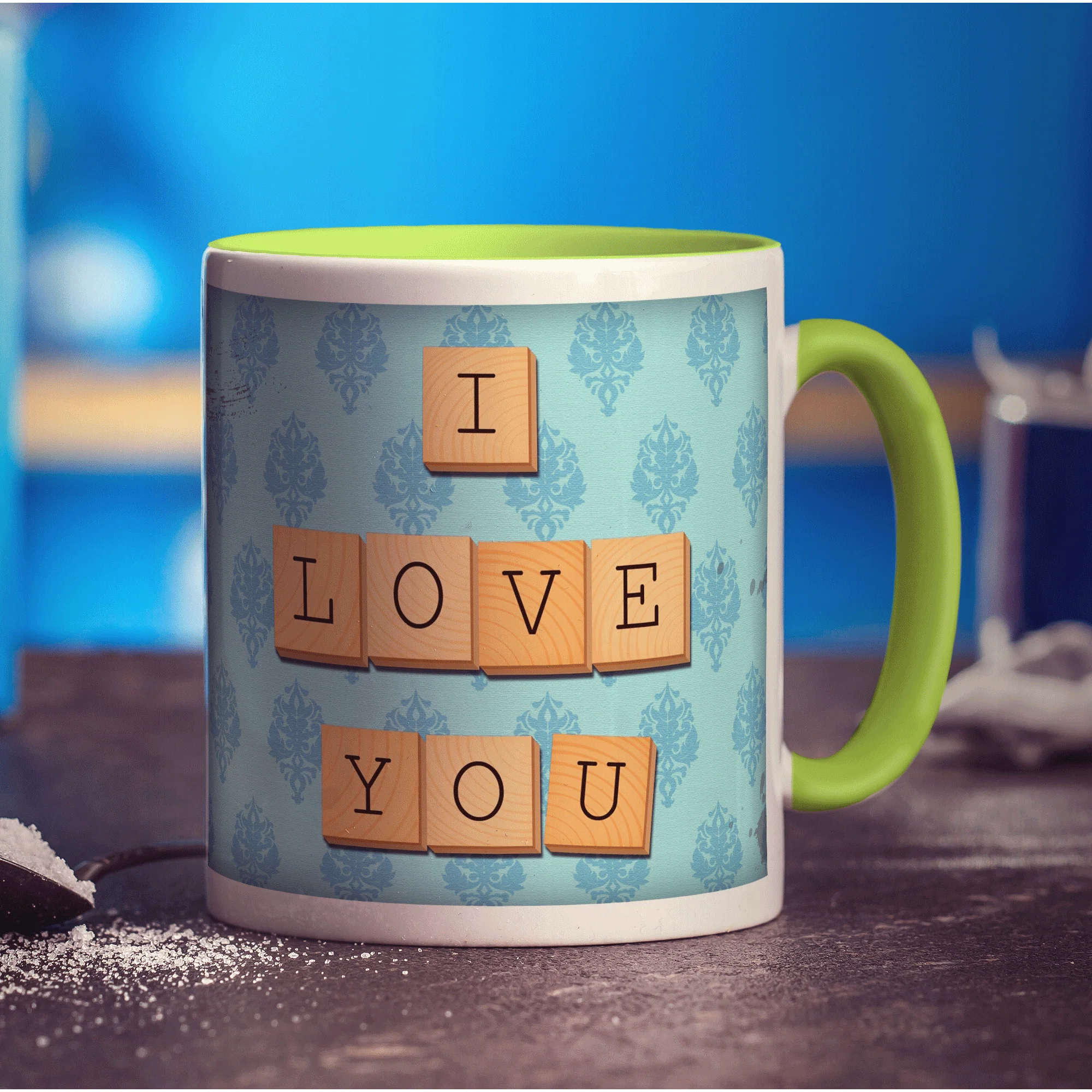 I Love You - Blue Illustrated Wooden Letters Mug - Image 5