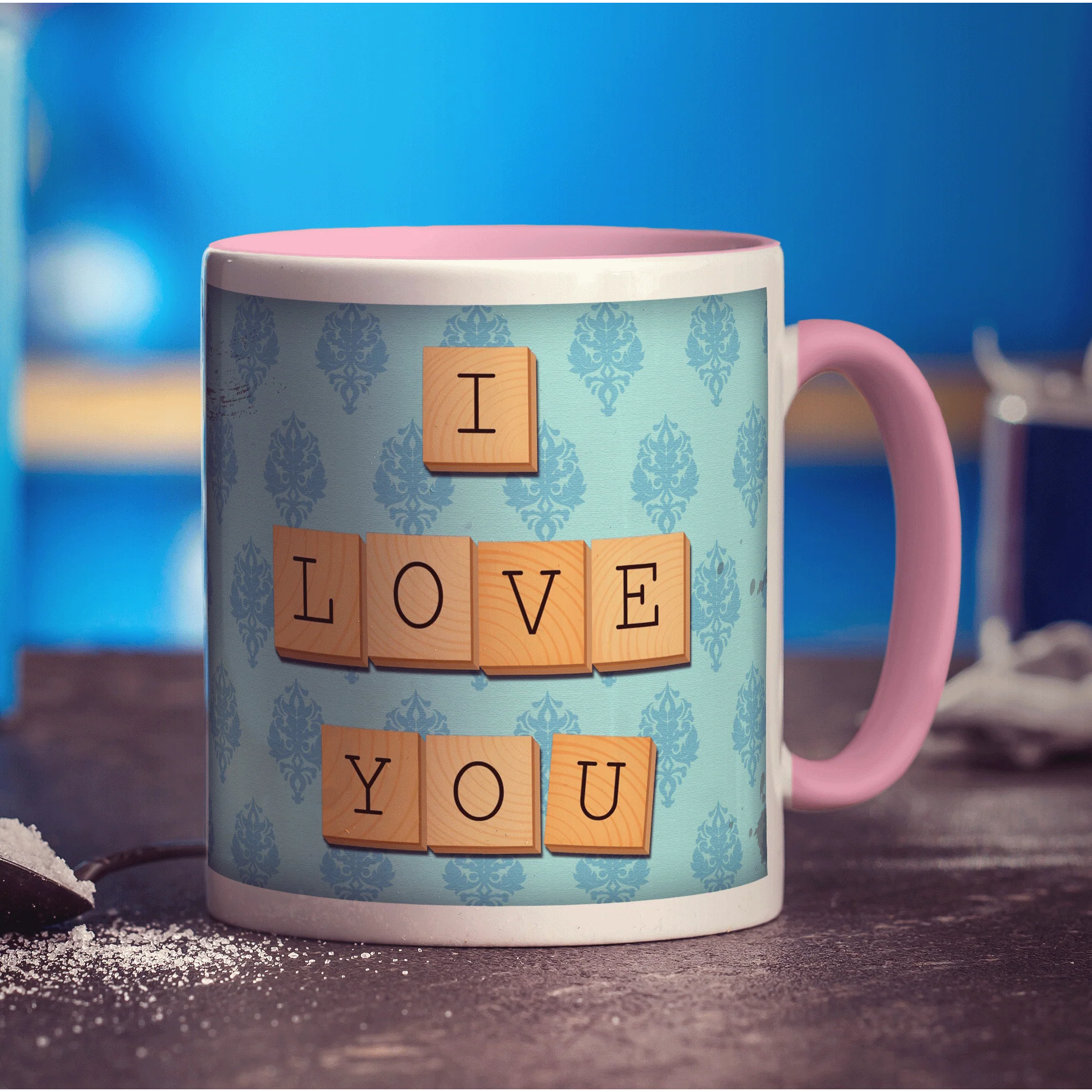 I Love You - Blue Illustrated Wooden Letters Mug - Image 7