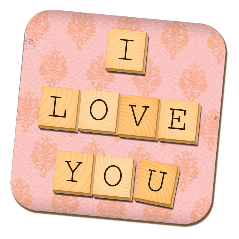 I Love You - Pink Illustrated Wooden Letters Fixed Coaster